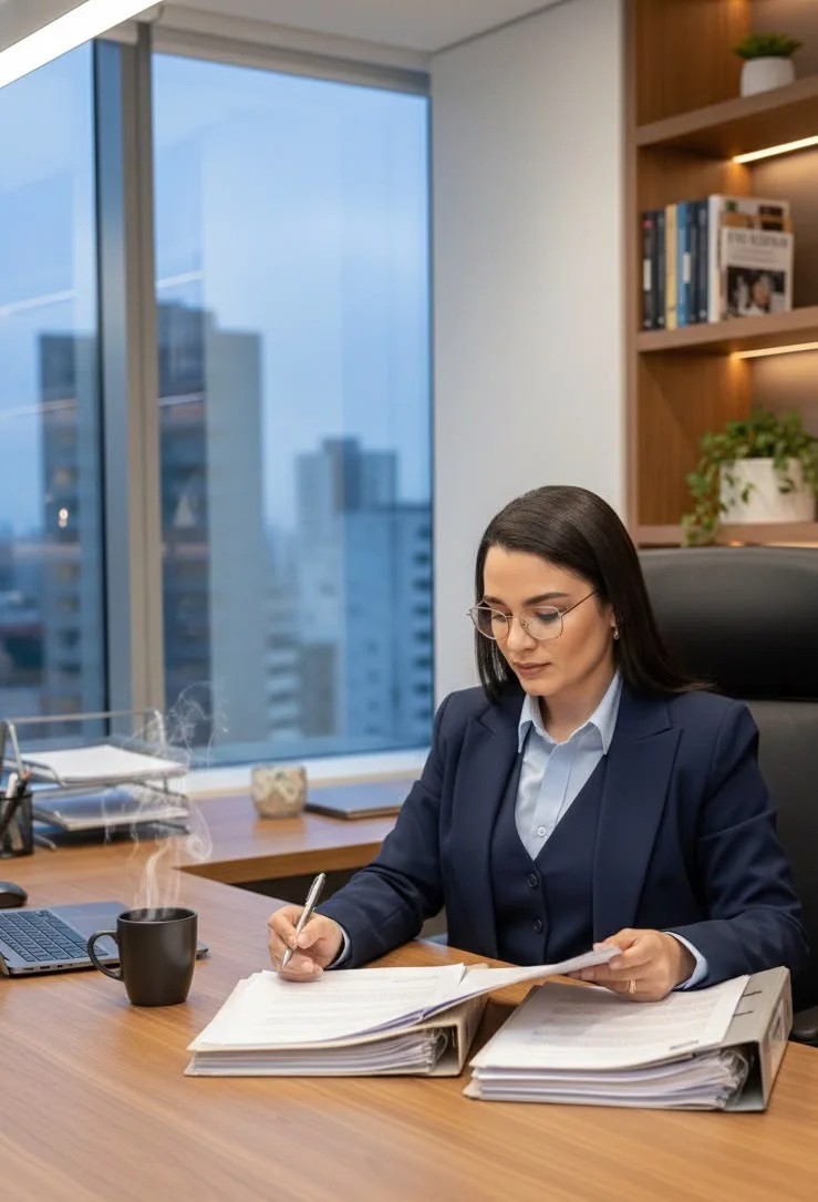 Advogada Sarah Chahin analisando documentos no escritório